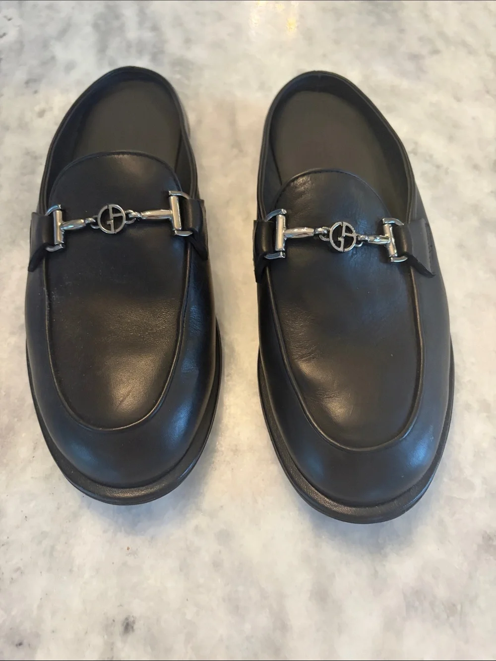 Giorgio Armani Black Leather Bit Loafers with Silver Hardware